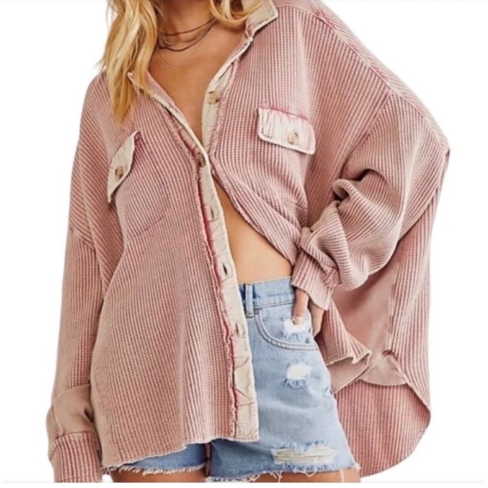 Free People FP One Thermal Button Down Shirt Pink Waffle Knit Oversized Large